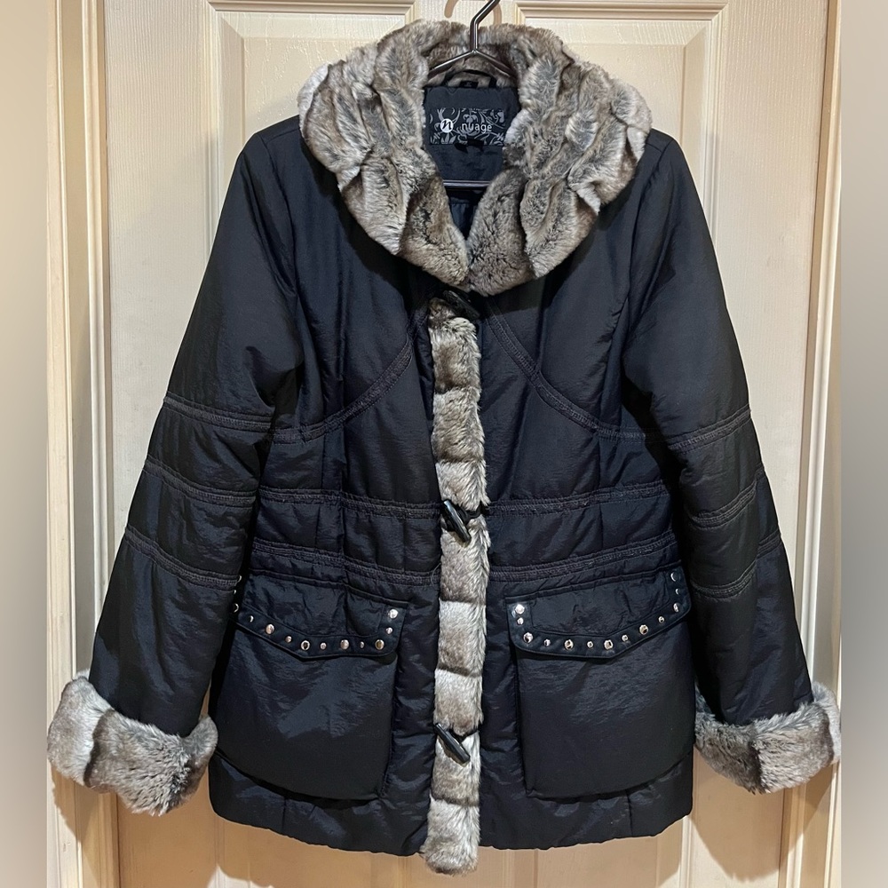 Black Puffer Jacket with Faux Fur Accents, Size Medium